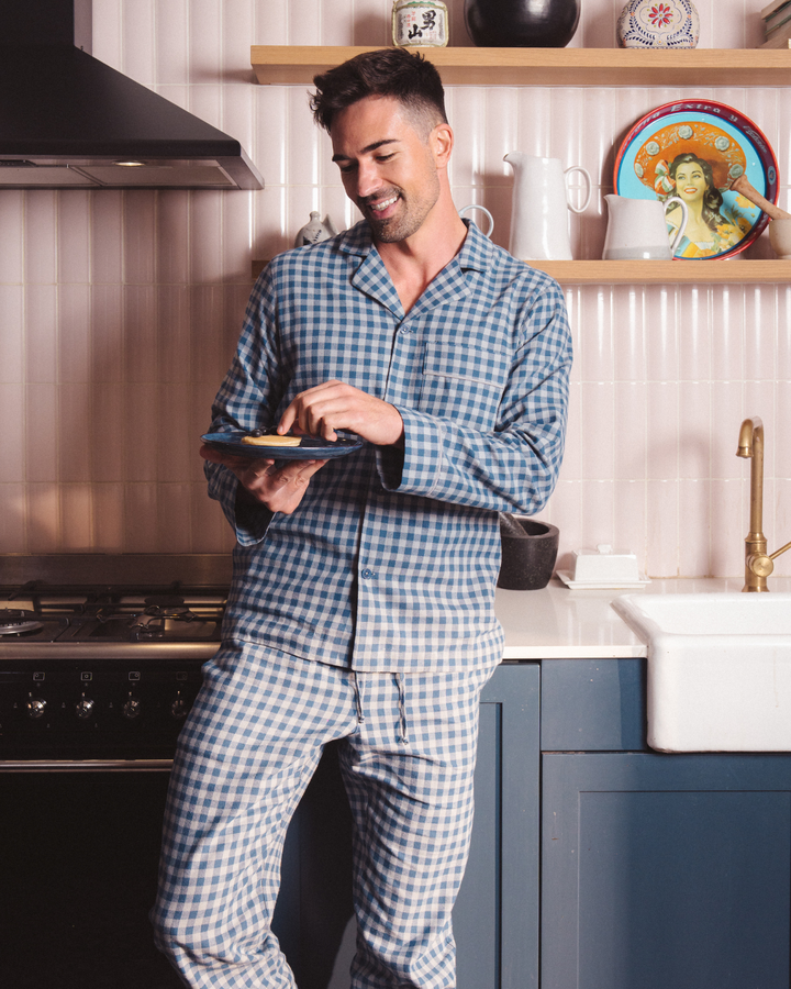 Mens Long Pyjamas - Grey Gingham on Navy