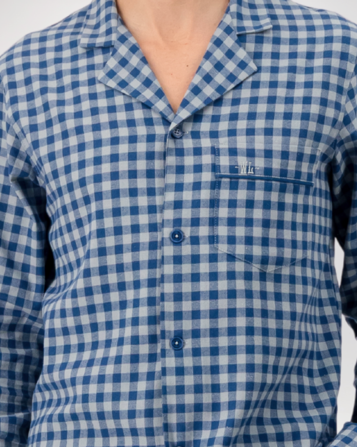 Mens Long Pyjamas - Grey Gingham on Navy