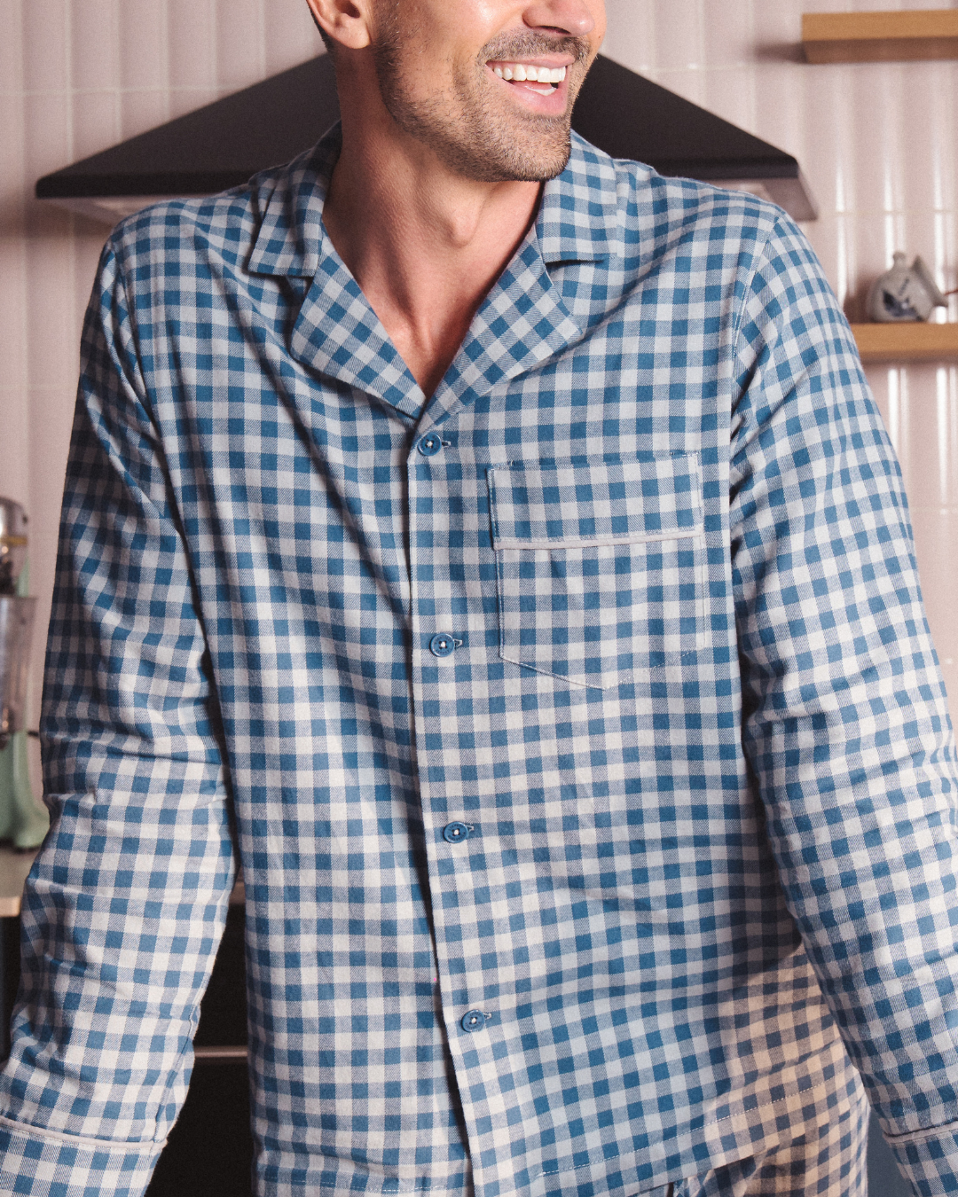 Mens Long Pyjamas - Grey Gingham on Navy