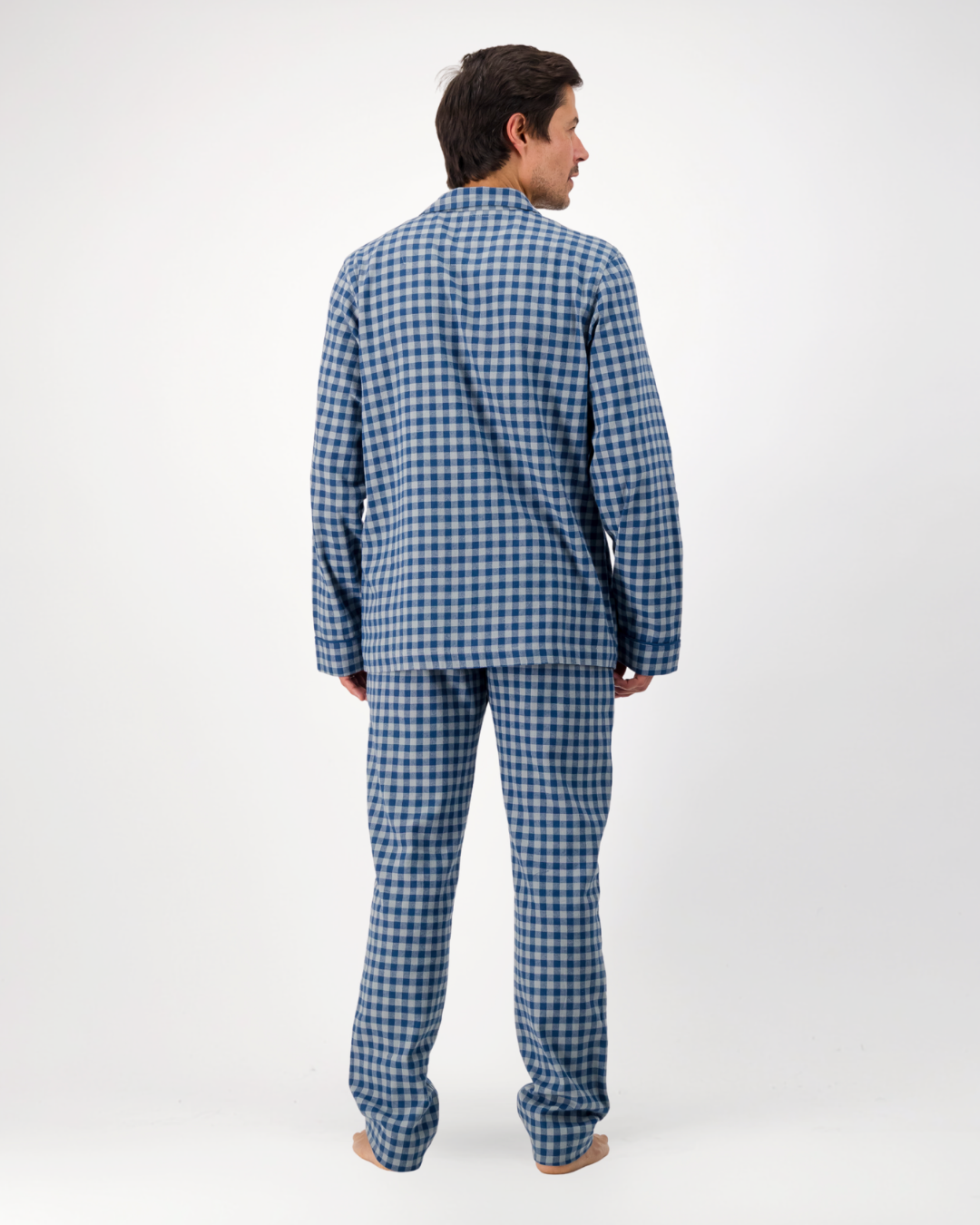 Mens Long Pyjamas - Grey Gingham on Navy