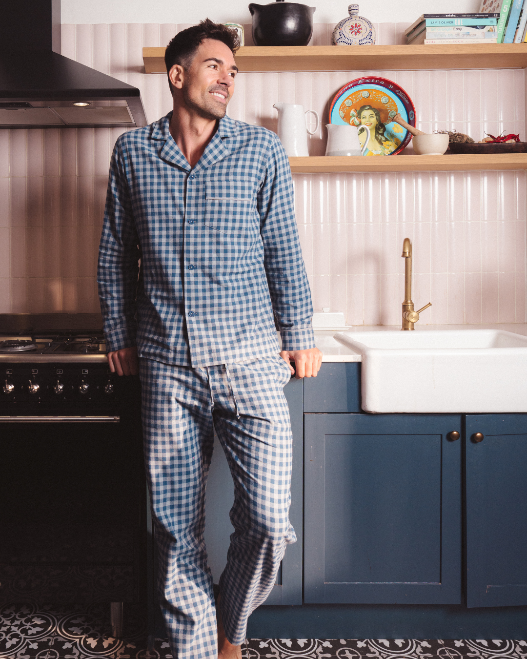 Mens Long Pyjamas - Grey Gingham on Navy