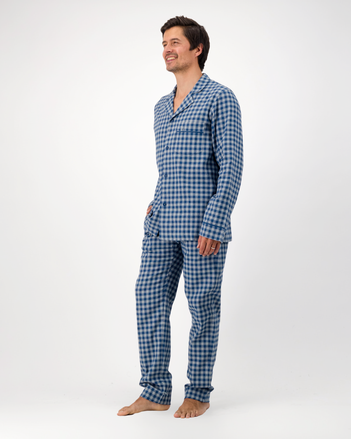Mens Long Pyjamas - Grey Gingham on Navy