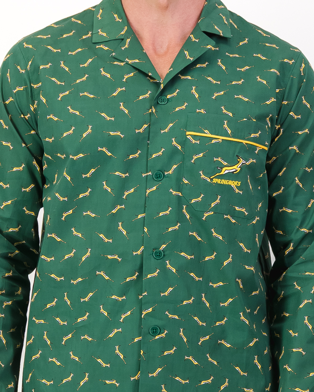 Official Springboks logo embroidery on chest pocket of mens long pyjamas shirt