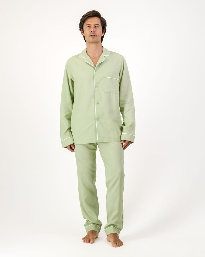 Mens sage Tencel Pyjamas with white binding