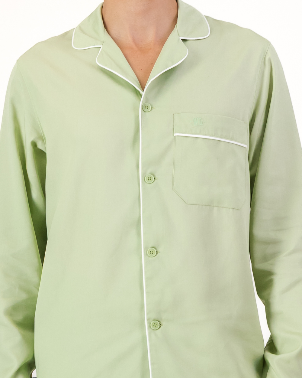 White binding detail on mens sage Tencel pyjama shirt