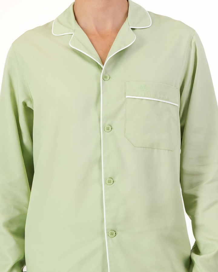 White binding detail on mens sage Tencel pyjama shirt