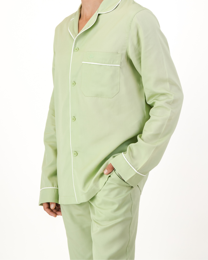 Side pocket detail on men’s sage Tencel pyjama pants
