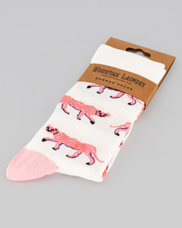 Bamboo Socks - Pink Cheetahs on White Packaging - Woodstock Laundry