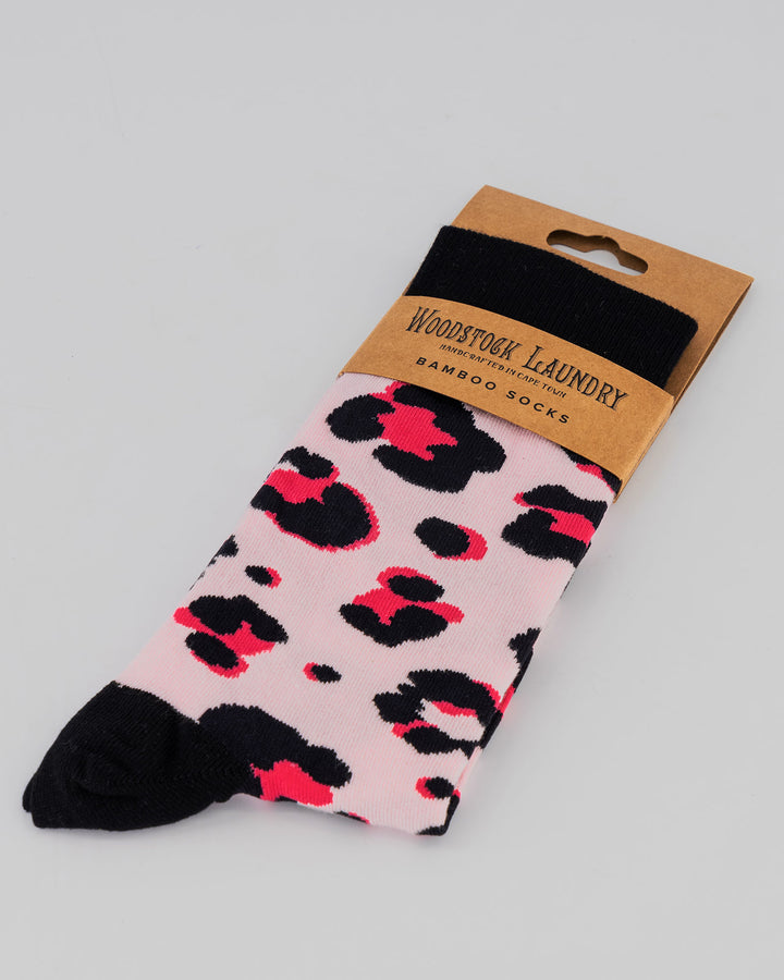 Bamboo Socks - Leopard Skin on Pink Packaging - Woodstock Laundry