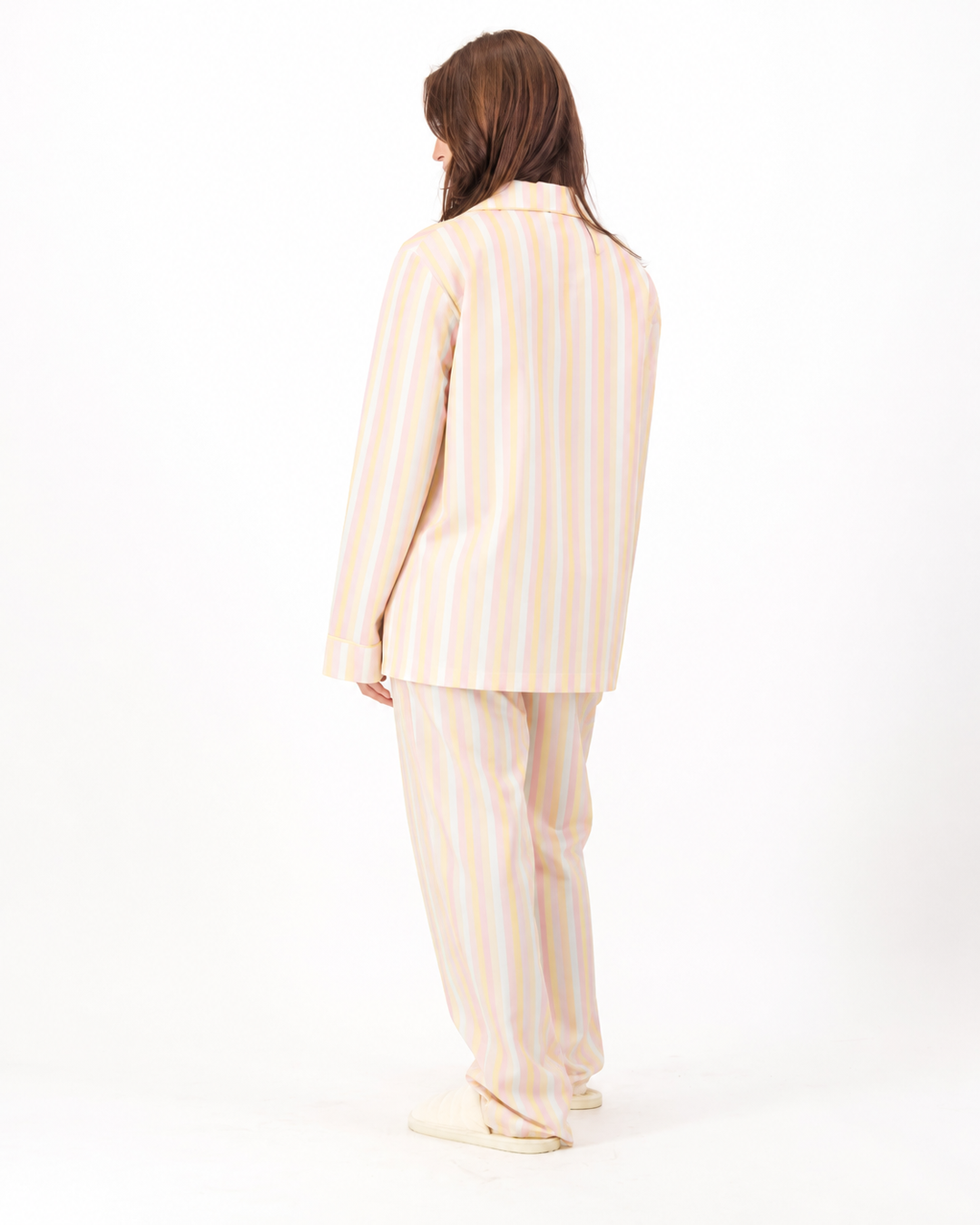 Womens Long Pyjamas - Pink and Yellow Stripes on White
