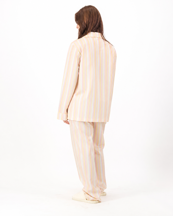 Womens Long Pyjamas - Pink and Yellow Stripes on White