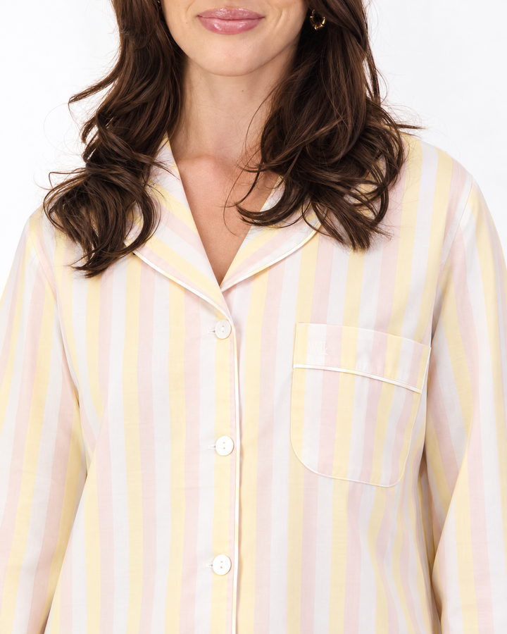 Womens Long Pyjamas - Pink and Yellow Stripes on White
