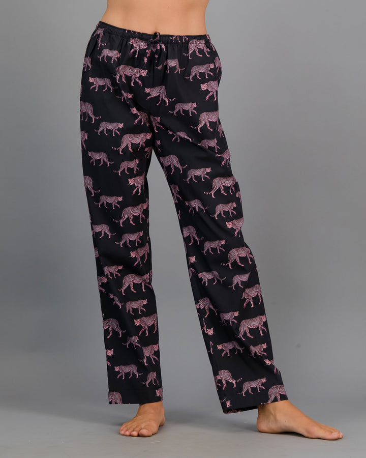 Womens Lounge Pants - Pink Cheetahs Charcoal