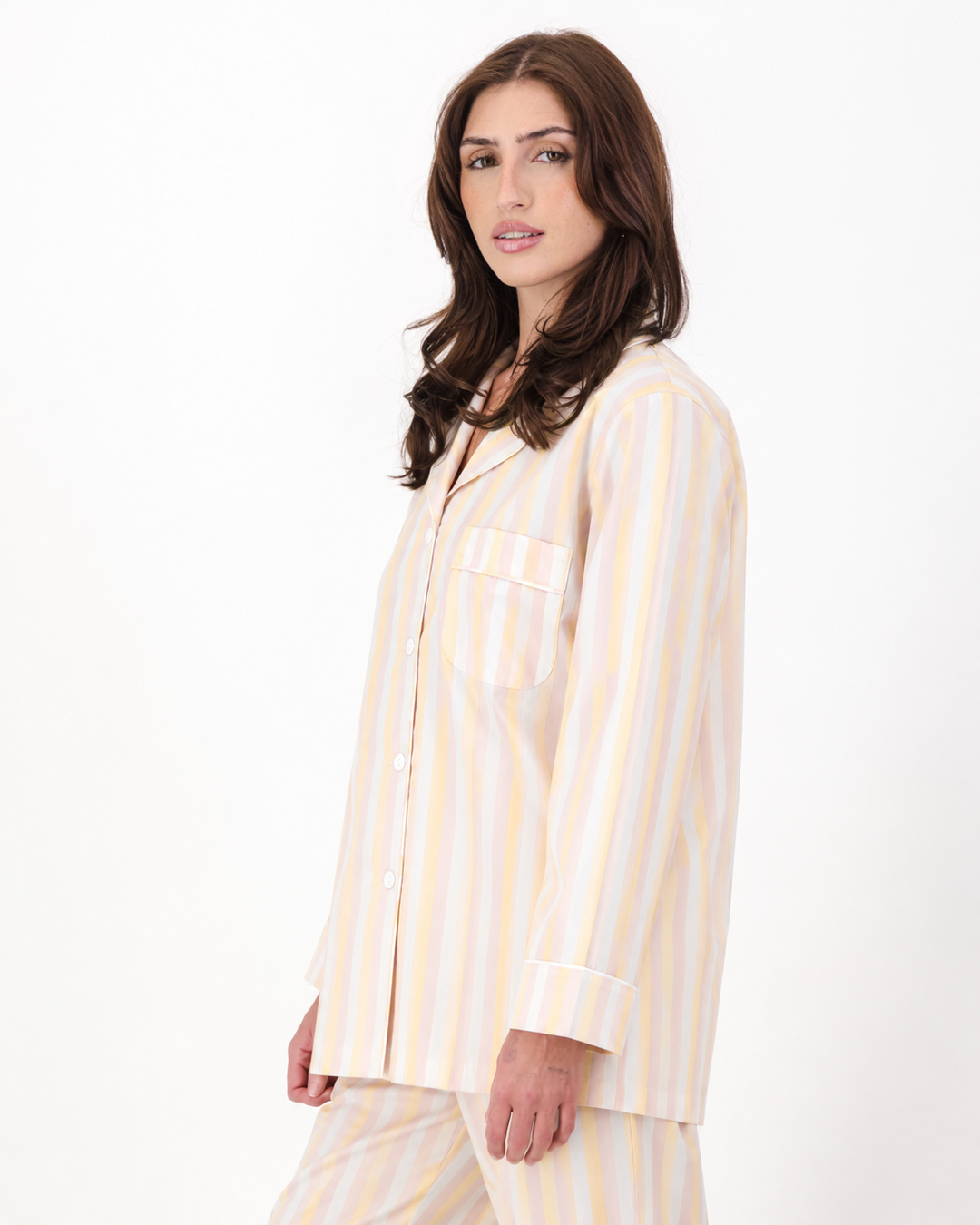 Womens Long Pyjamas - Pink and Yellow Stripes on White