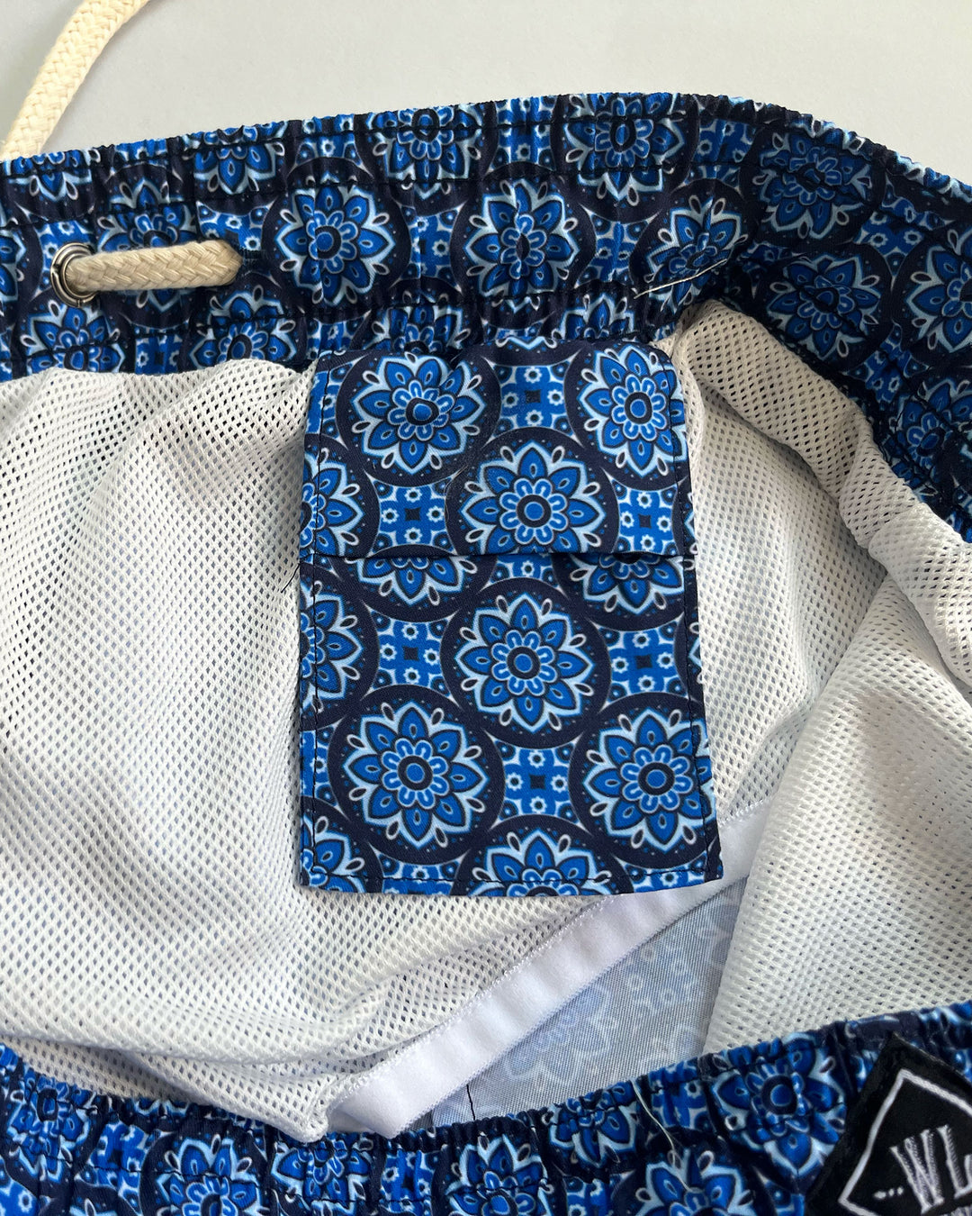 Mens Swim Shorts Indigo Floral Pocket - Woodstock Laundry