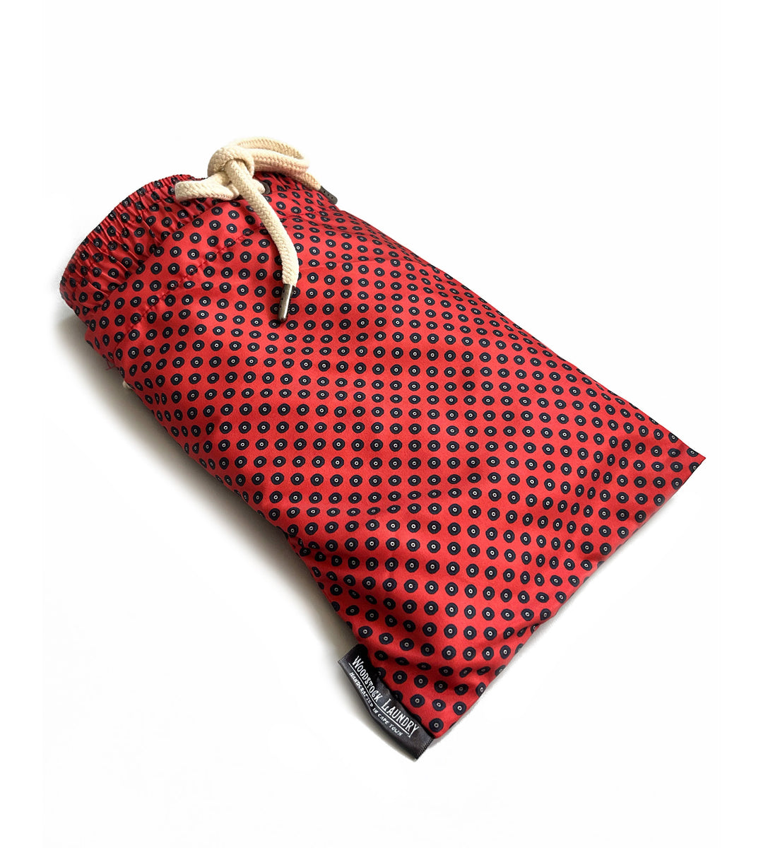 Mens Swim Shorts - Navy Poppy Circles on Red Bag - Woodstock Laundry