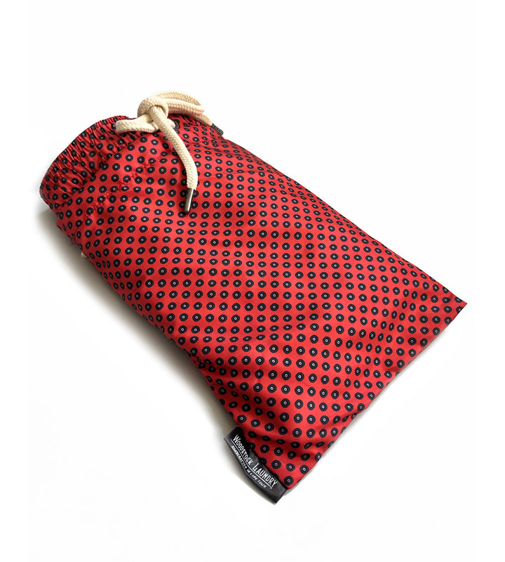 Mens Swim Shorts - Navy Poppy Circles on Red Bag - Woodstock Laundry