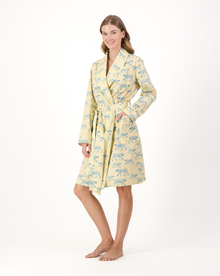 Womens Dressing Gown - Blue Cheetahs on Yellow