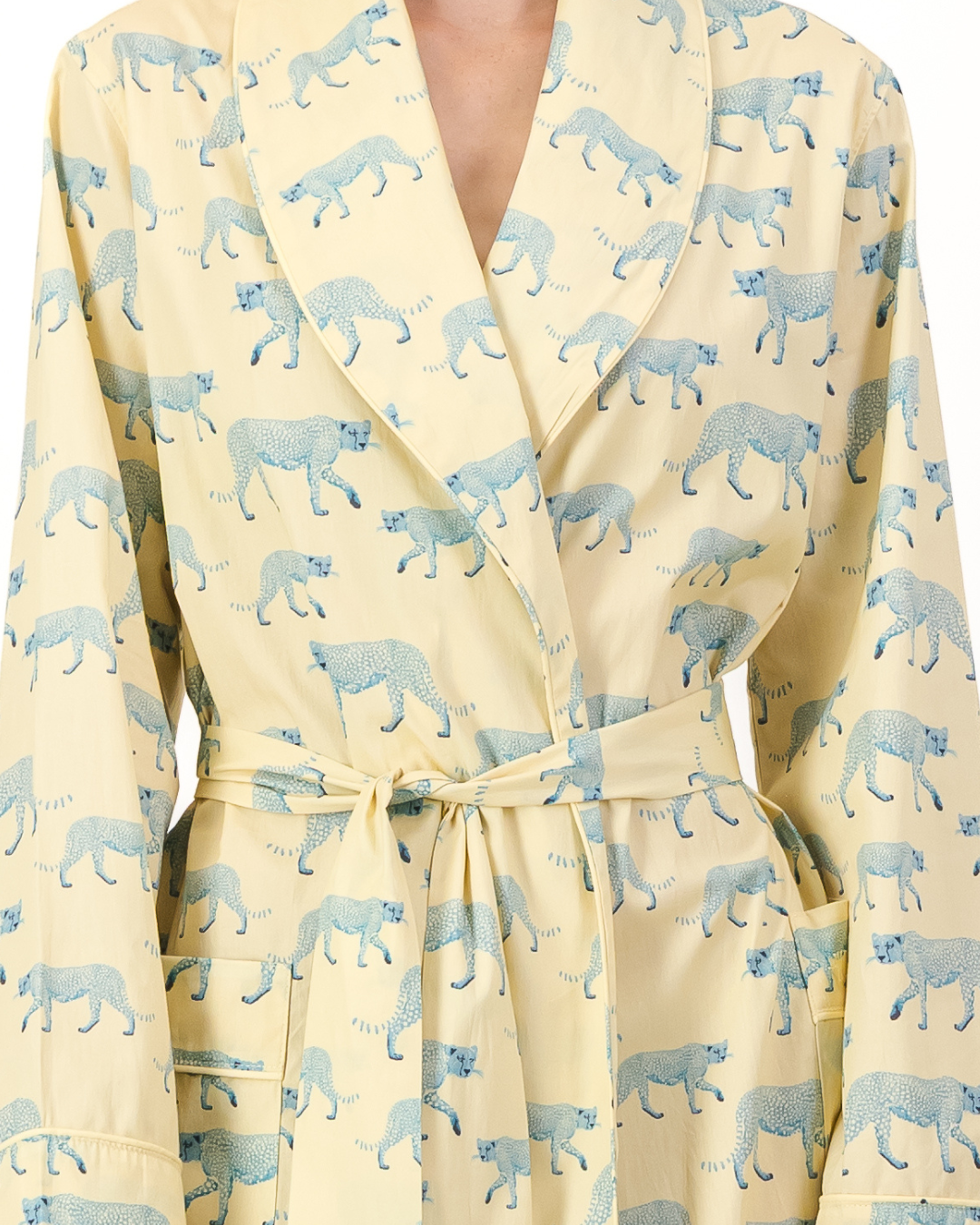 Womens Dressing Gown - Blue Cheetahs on Yellow