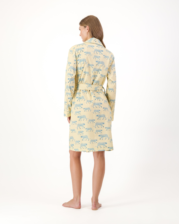Womens Dressing Gown - Blue Cheetahs on Yellow