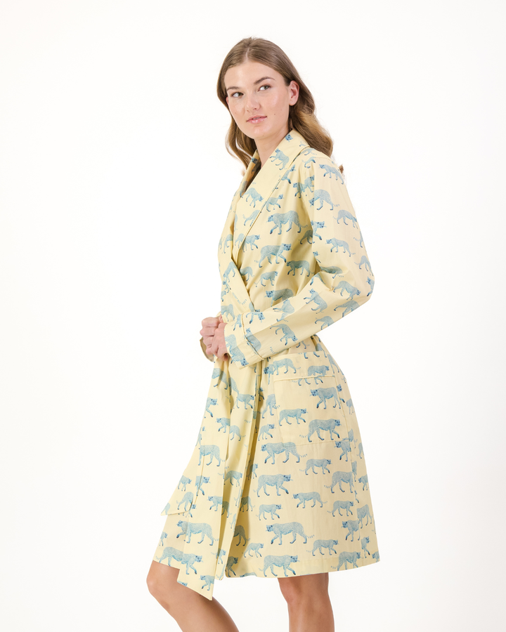 Womens Dressing Gown - Blue Cheetahs on Yellow