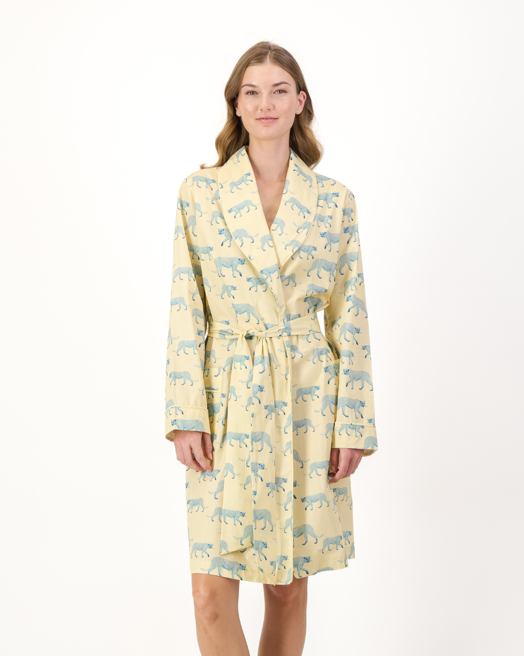 Womens Dressing Gown - Blue Cheetahs on Yellow