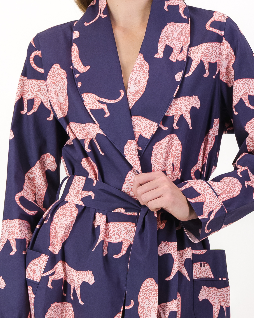Womens Dressing Gown - Pink Leopard on Navy