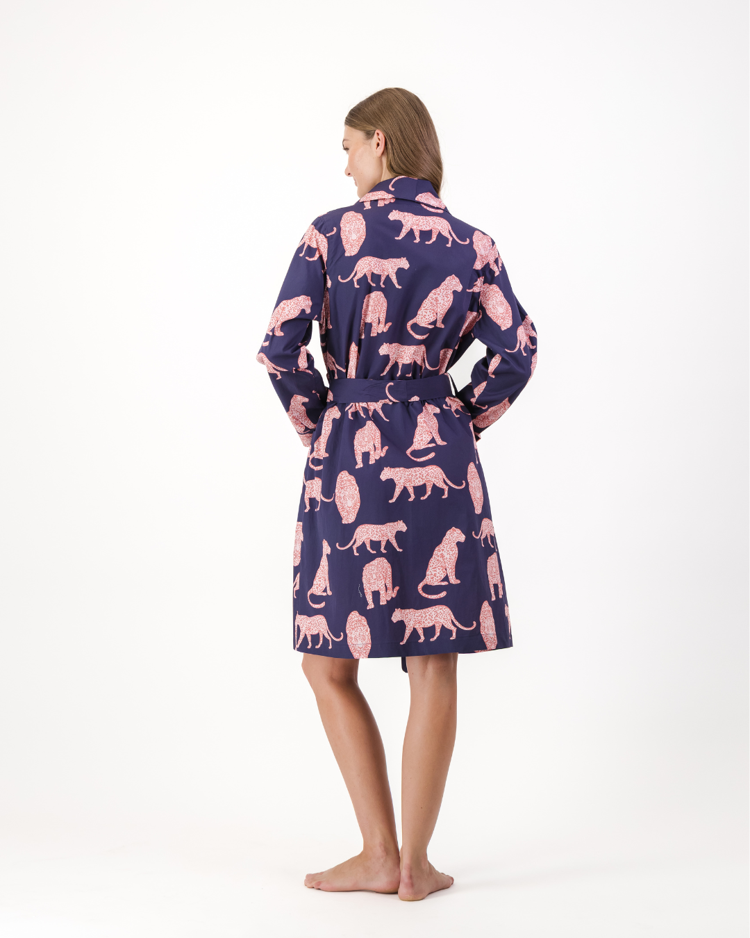 Womens Dressing Gown - Pink Leopard on Navy
