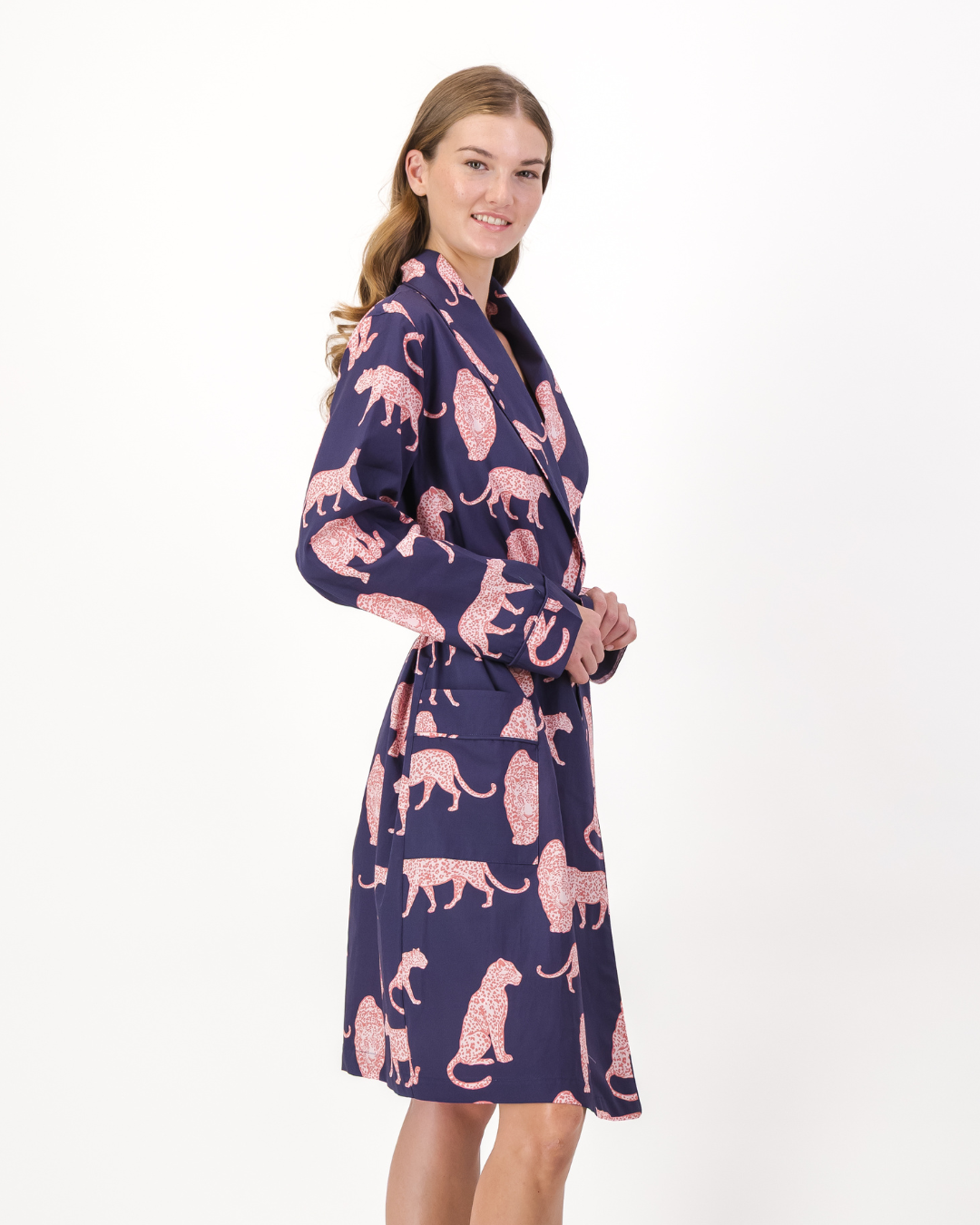 Womens Dressing Gown - Pink Leopard on Navy