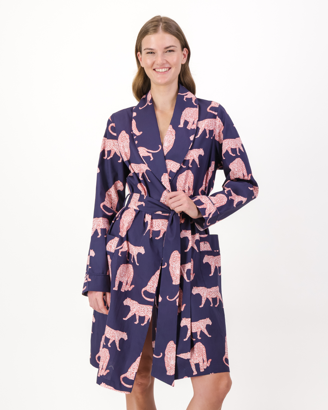 Womens Dressing Gown - Pink Leopard on Navy