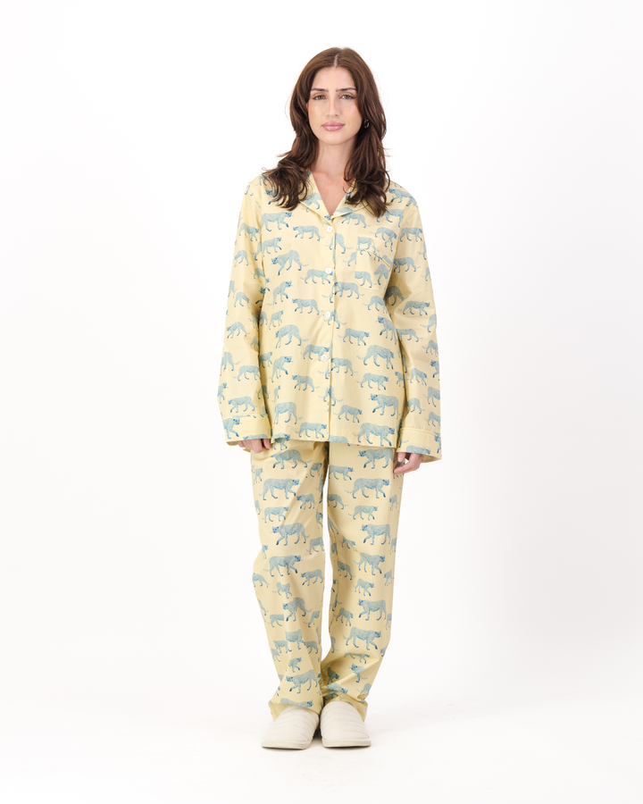 Womens Long Pyjamas - Blue Cheetahs on Yellow