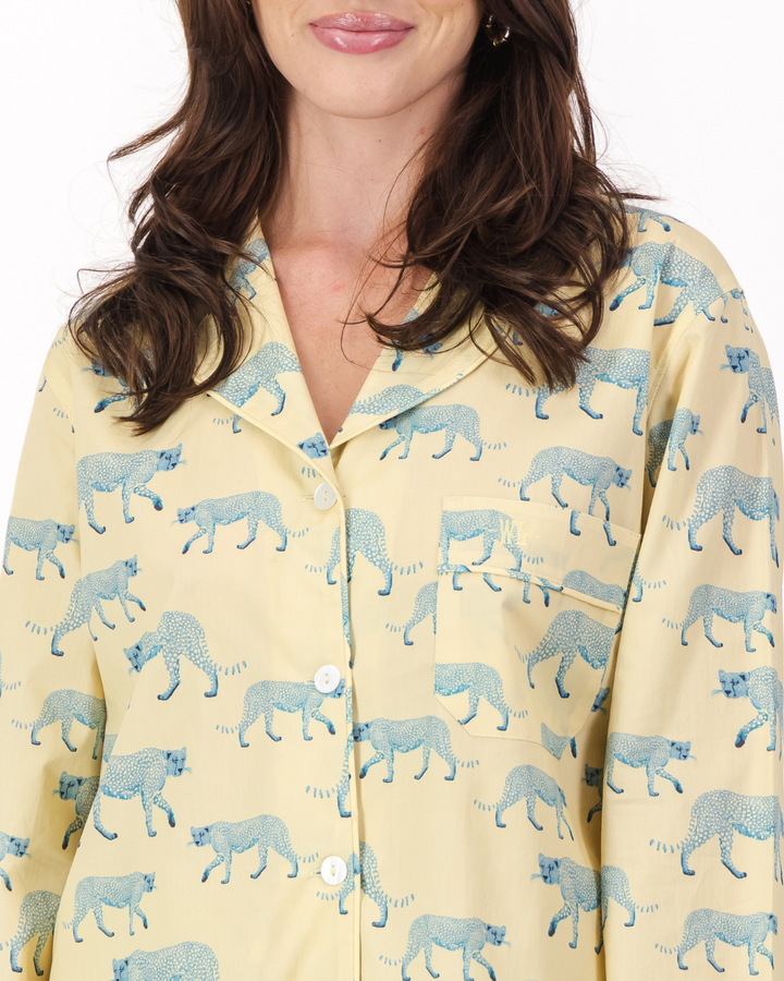 Womens Long Pyjamas - Blue Cheetahs on Yellow