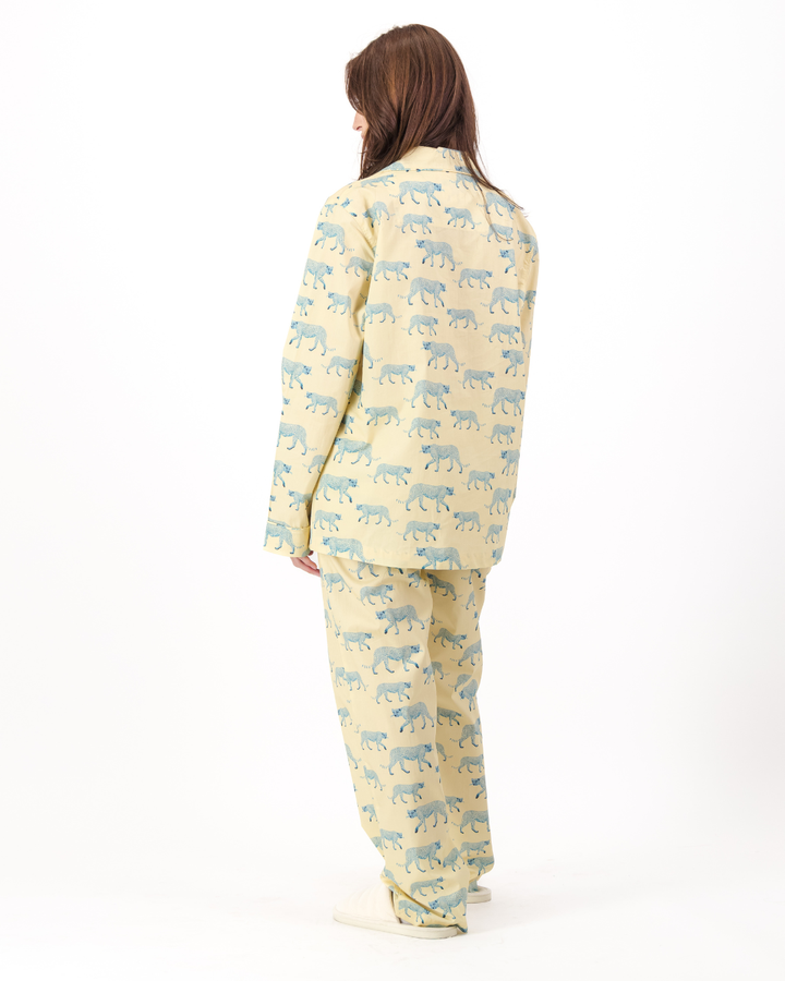 Womens Long Pyjamas - Blue Cheetahs on Yellow