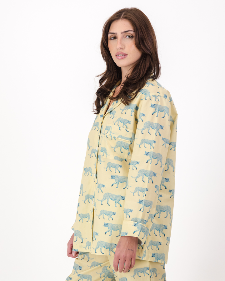 Womens Long Pyjamas - Blue Cheetahs on Yellow