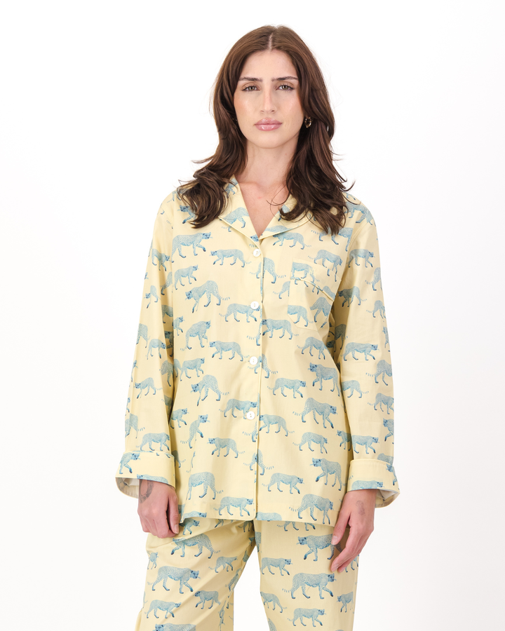 Womens Long Pyjamas - Blue Cheetahs on Yellow