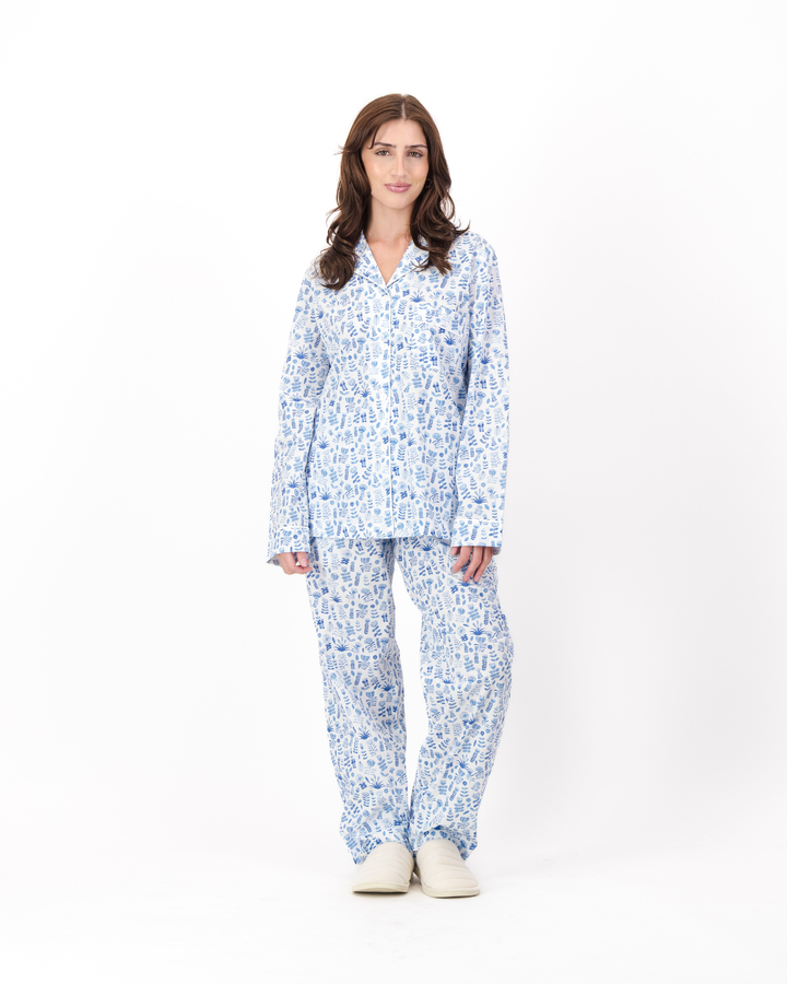 Womens Long Pyjamas - Blue Floral on White