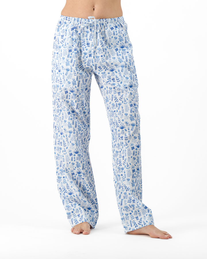 Womens Lounge Pants - Blue Floral on White