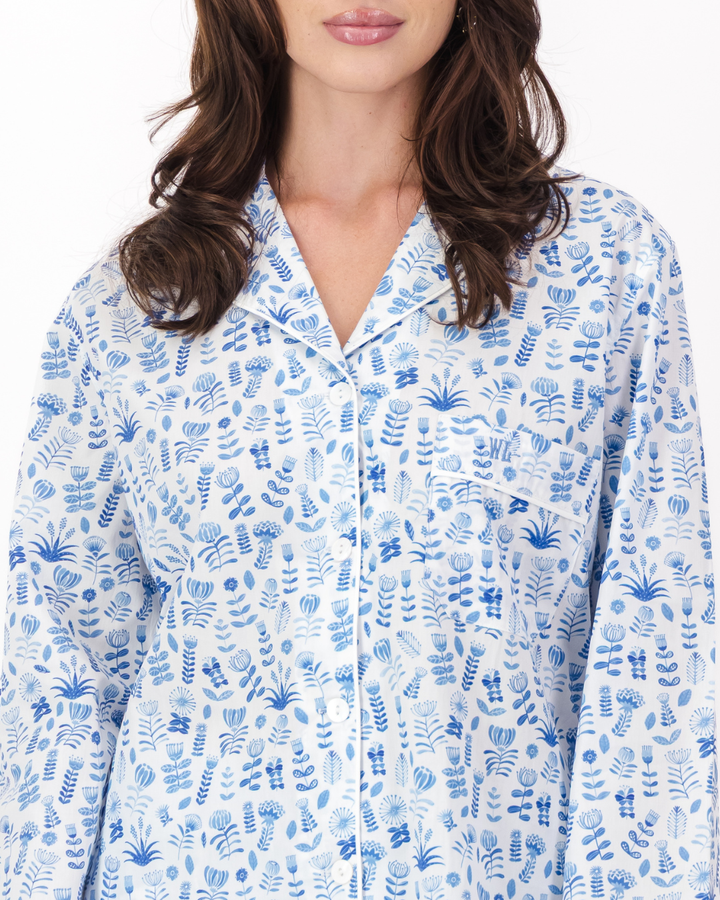 Womens Long Pyjamas - Blue Floral on White