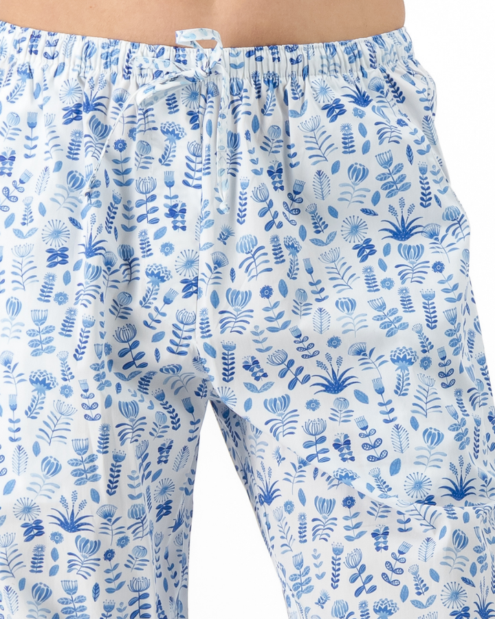 Womens Lounge Pants - Blue Floral on White