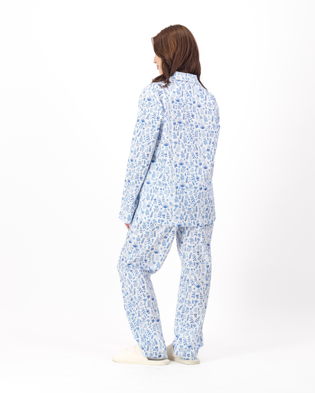Womens Long Pyjamas - Blue Floral on White
