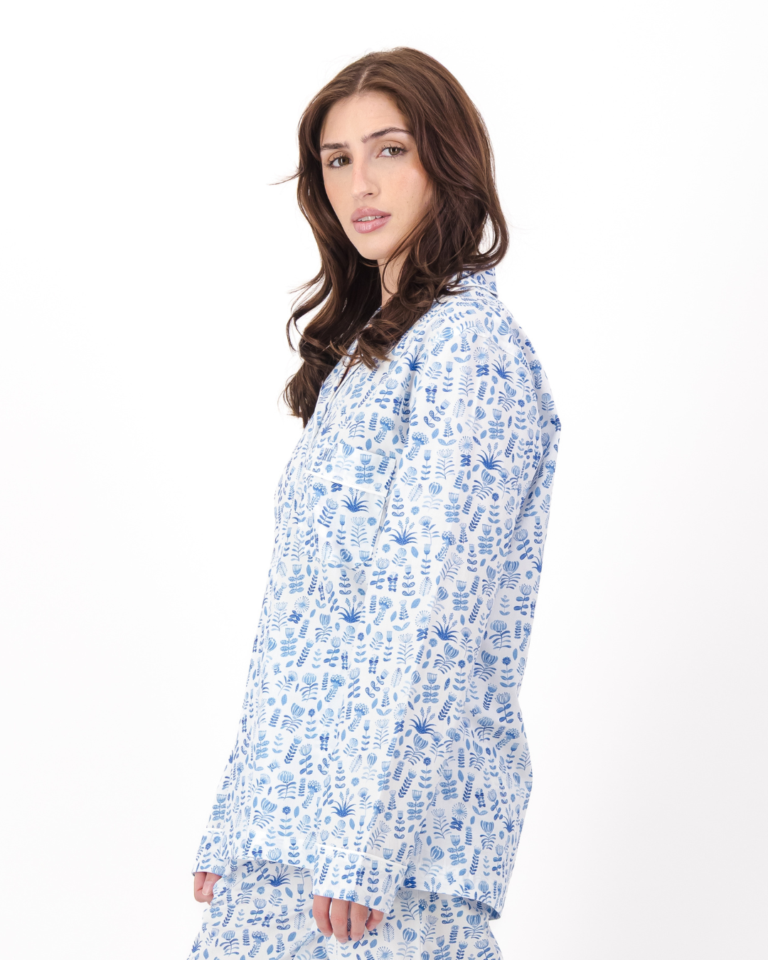Womens Long Pyjamas - Blue Floral on White