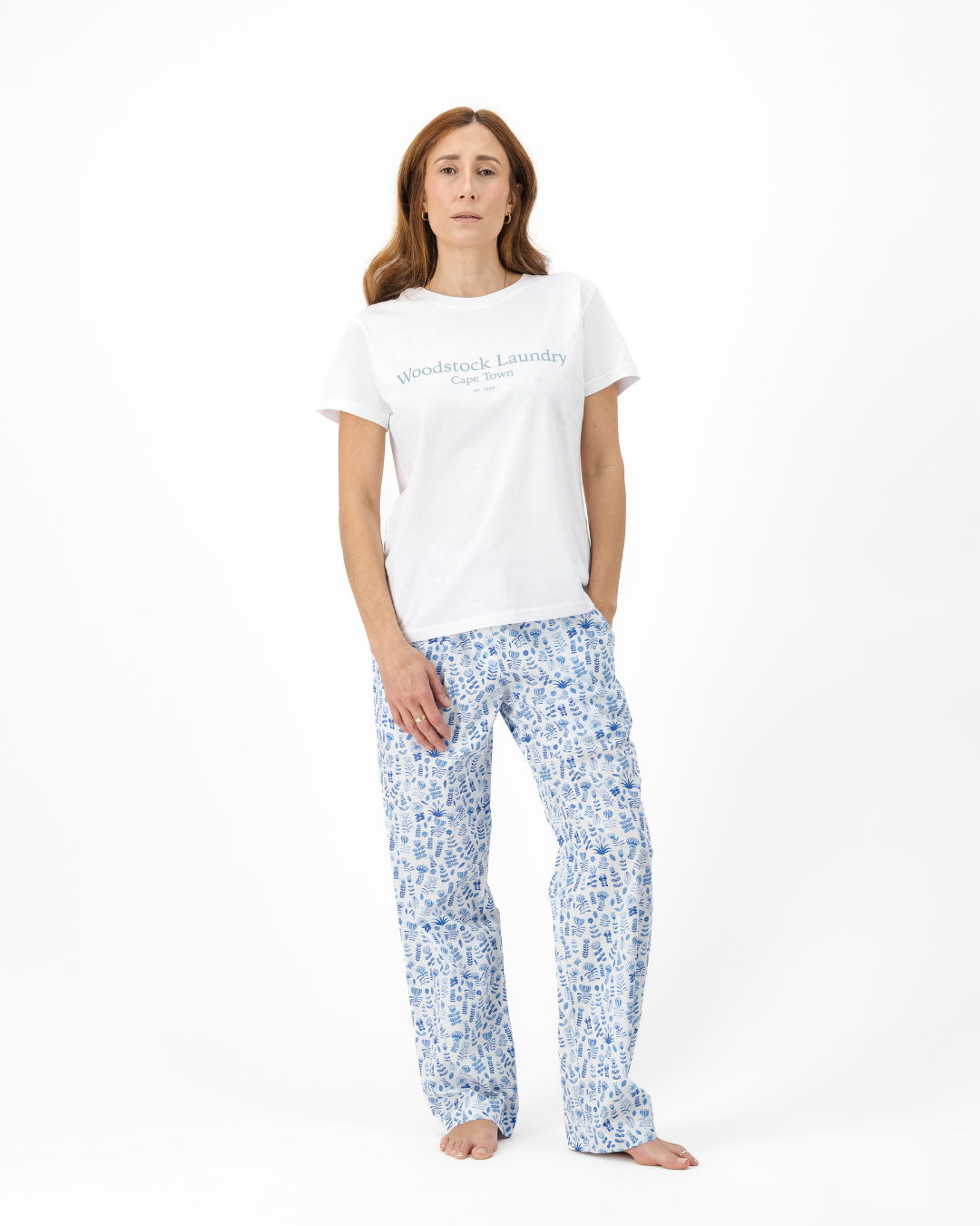 Womens Lounge Pants - Blue Floral on White