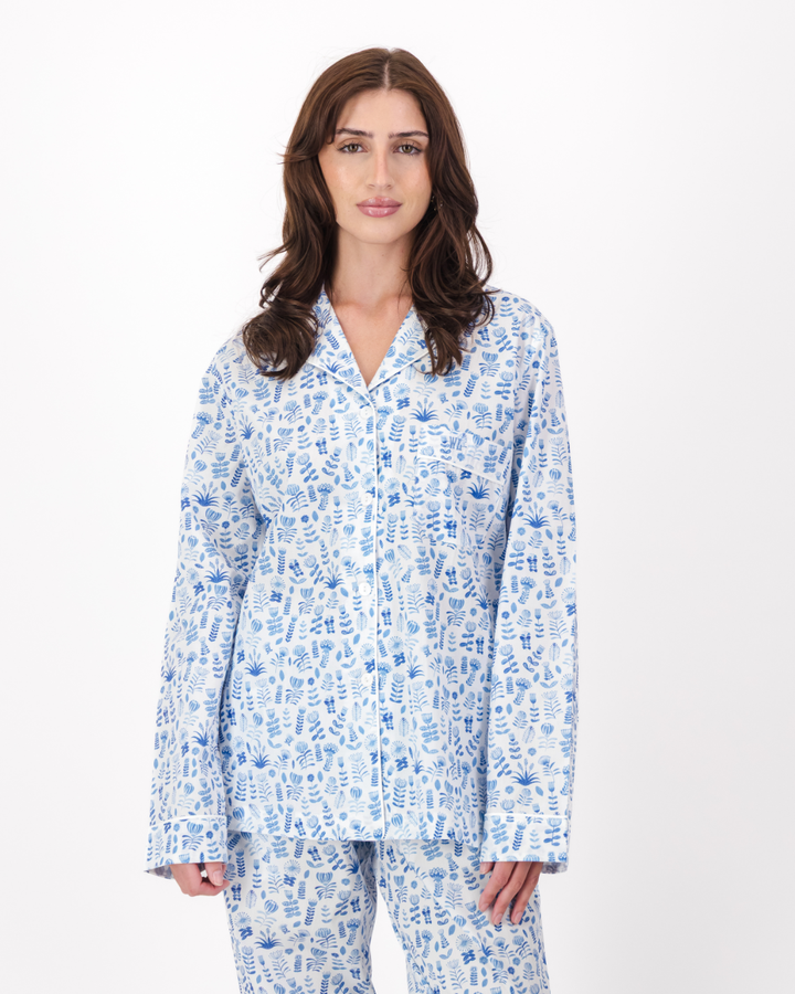 Womens Long Pyjamas - Blue Floral on White