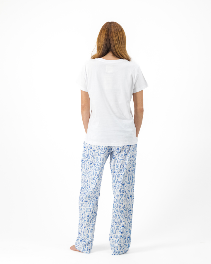 Womens Lounge Pants - Blue Floral on White