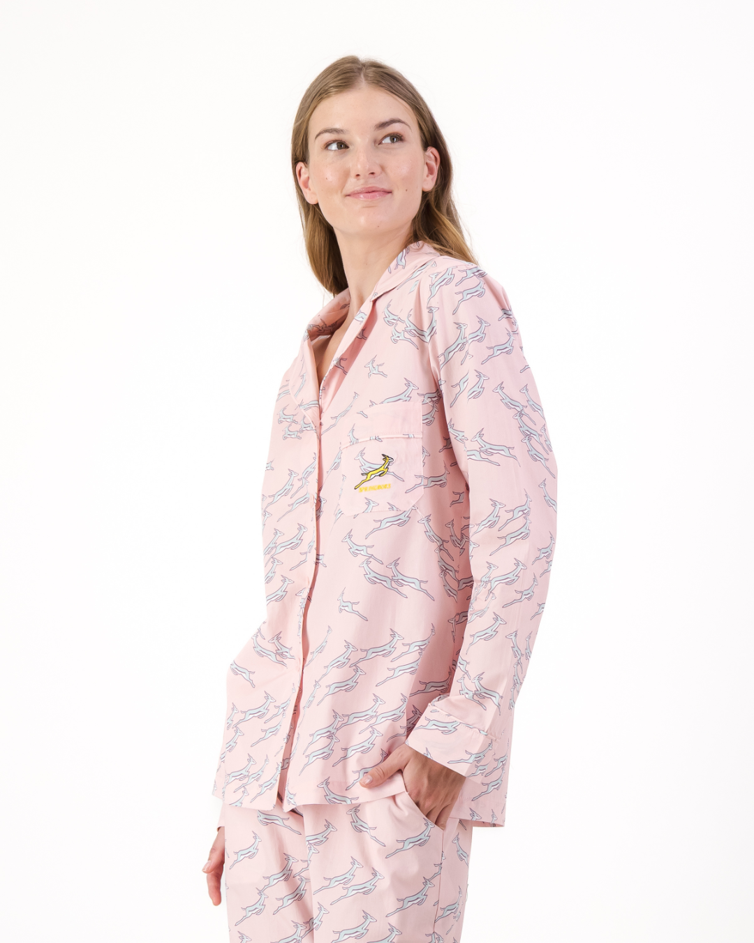 Womens Long Pyjamas - Custom Springboks Blue Jumping Bok on Pink