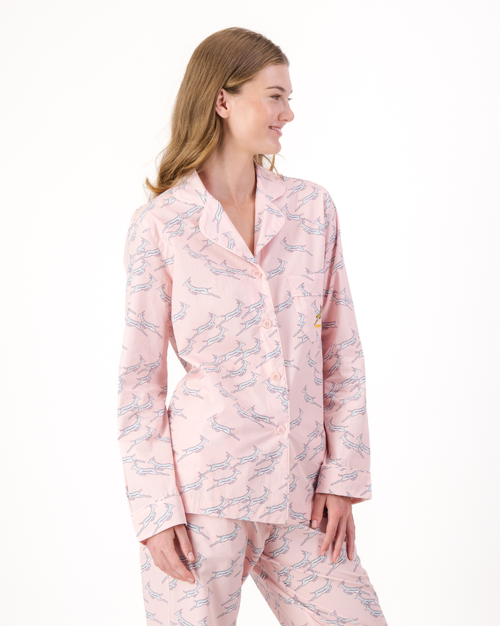 Womens Long Pyjamas - Custom Springboks Blue Jumping Bok on Pink