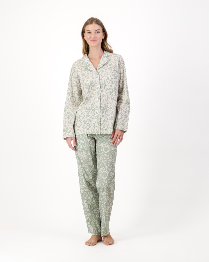 Womens Long Pyjamas - Sage Sunflowers on Milk and Milk Sunflowers on Sage
