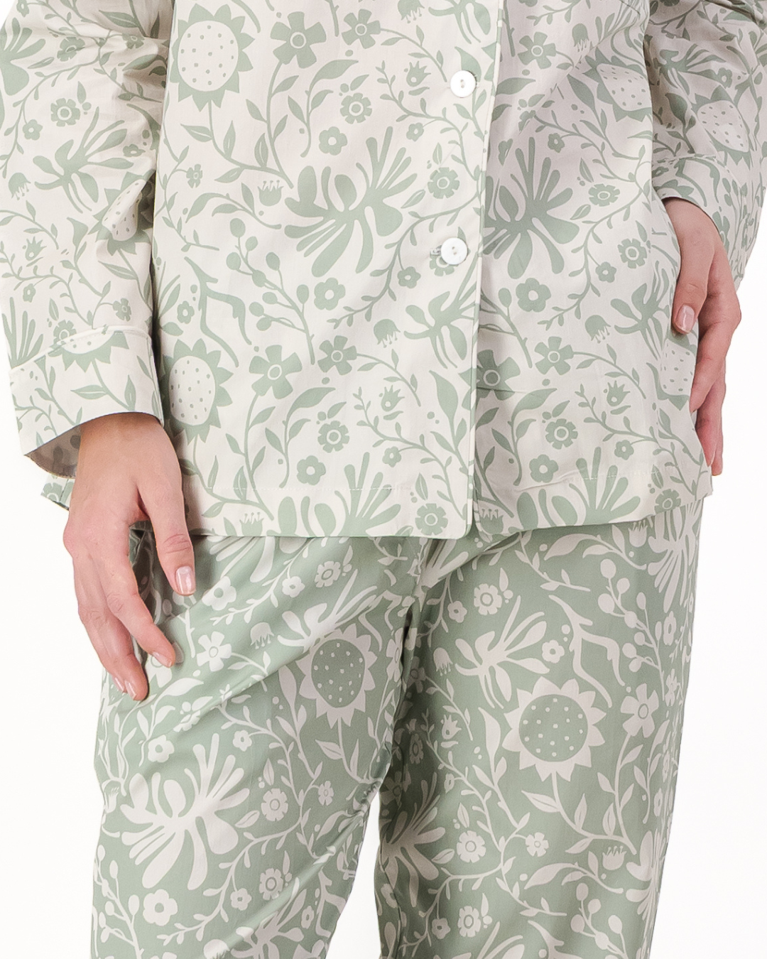 Womens Long Pyjamas - Sage Sunflowers on Milk and Milk Sunflowers on Sage