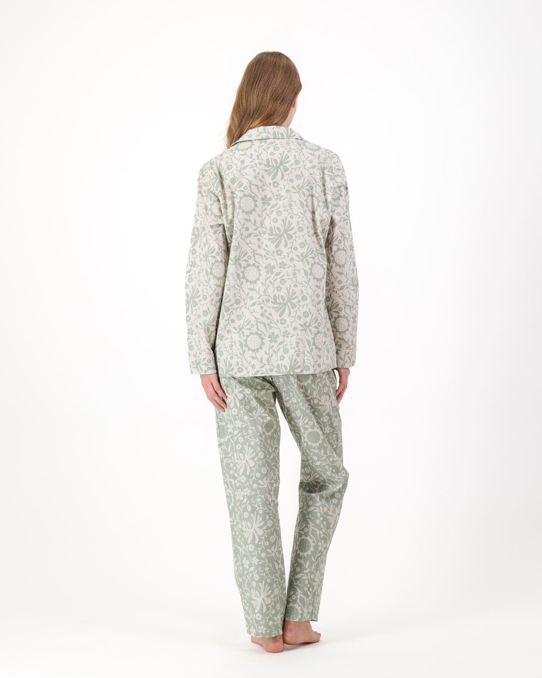 Womens Long Pyjamas - Sage Sunflowers on Milk and Milk Sunflowers on Sage