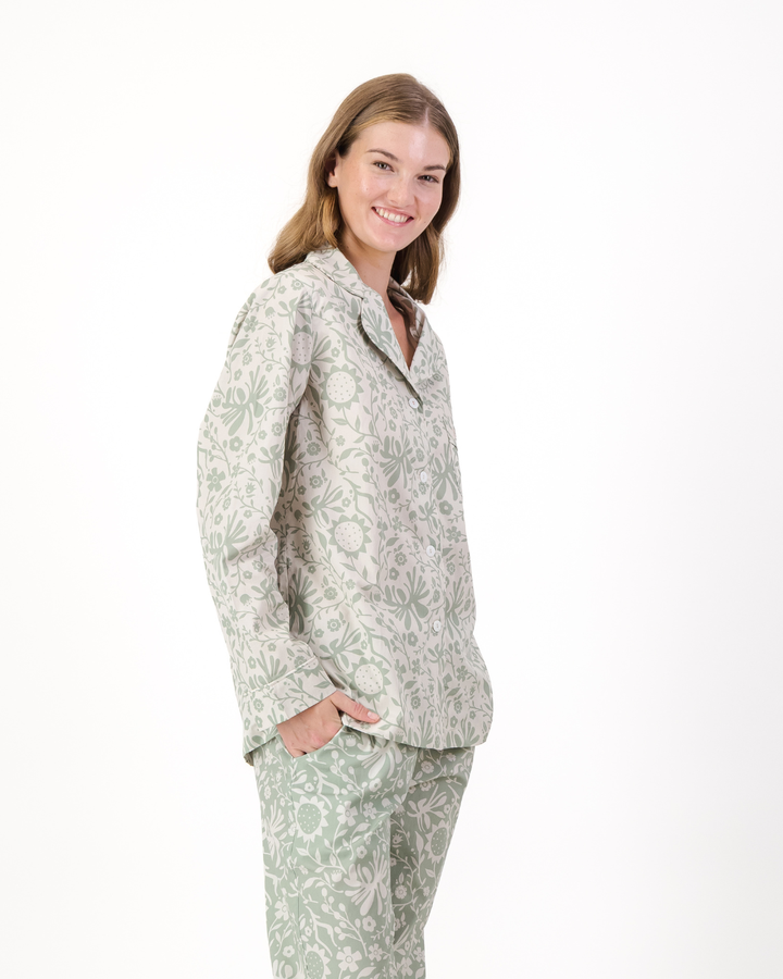 Womens Long Pyjamas - Sage Sunflowers on Milk and Milk Sunflowers on Sage